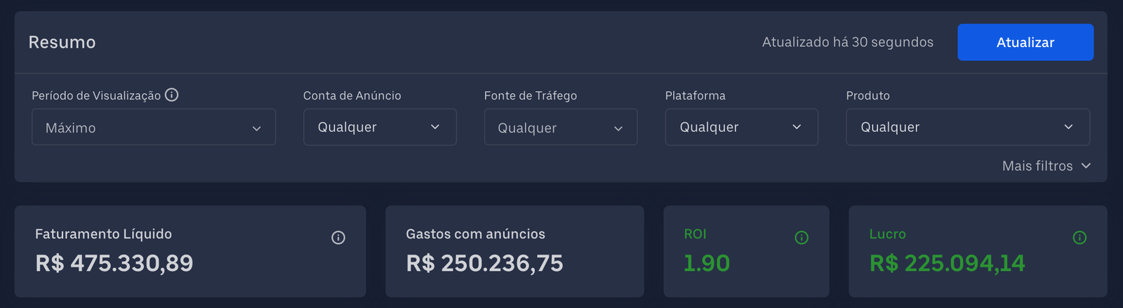Print do resultado: faturamento líquido de R$ 475.330,89